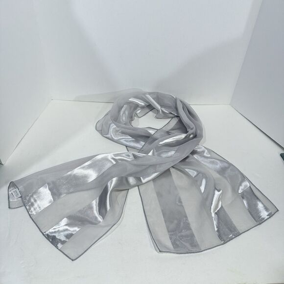 Women’s Gray Satin Silver Stripe Scarf Sheer Lightweight Wrap 60”x12.5” - Picture 8 of 14